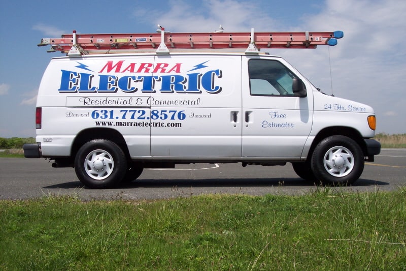 A white car with Marra electric written on it Electrician Suffolk